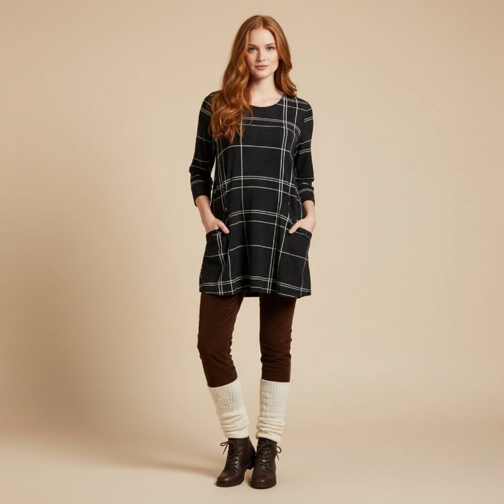 Alembika Windowpane Mineral Wash 3/4 Sleeve Pocket  Tunic